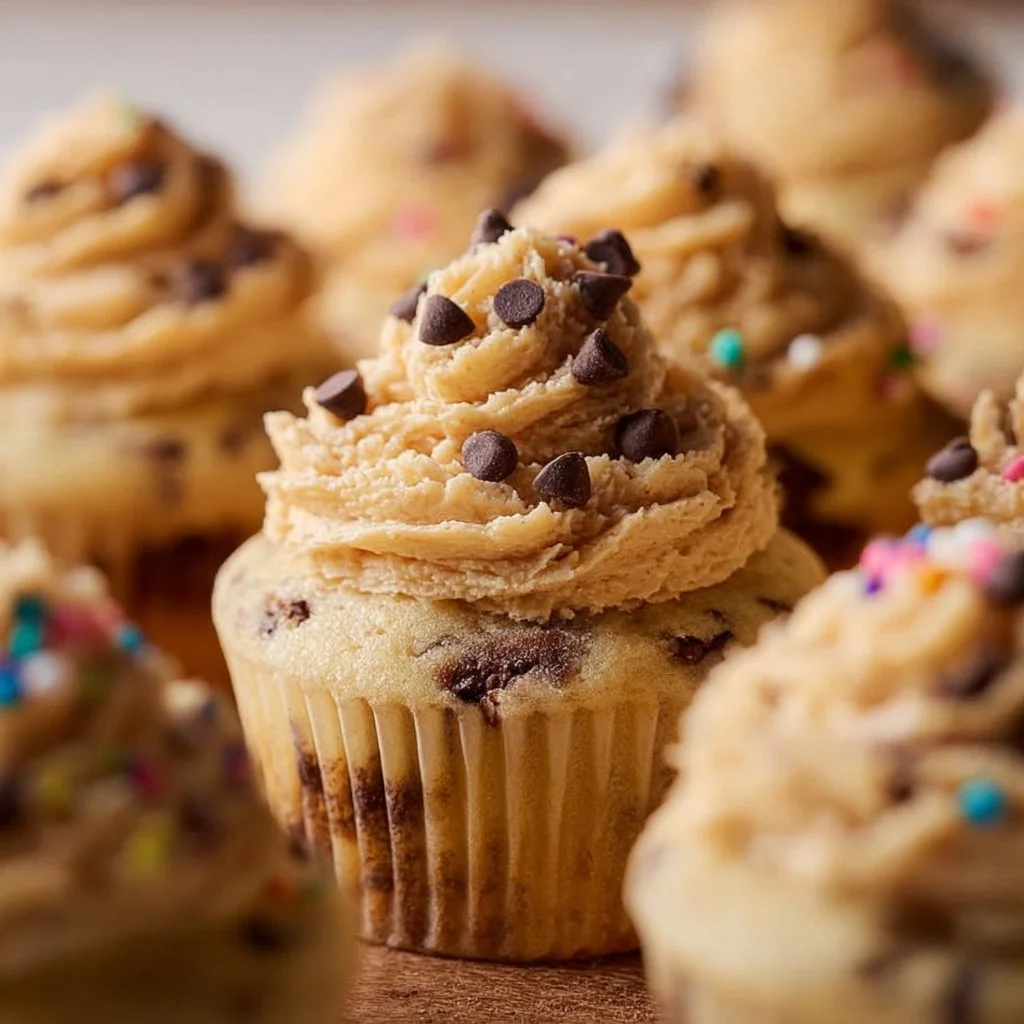 Delicious cookie dough cupcakes with cookie dough frosting and chocolate base