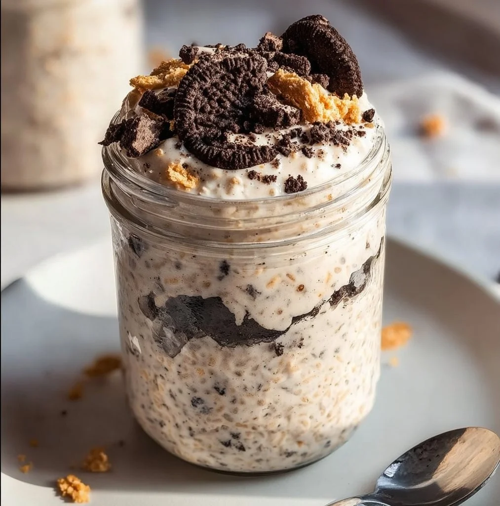 Bowl of Cookies and Cream Overnight Oats recipe with cookies on top