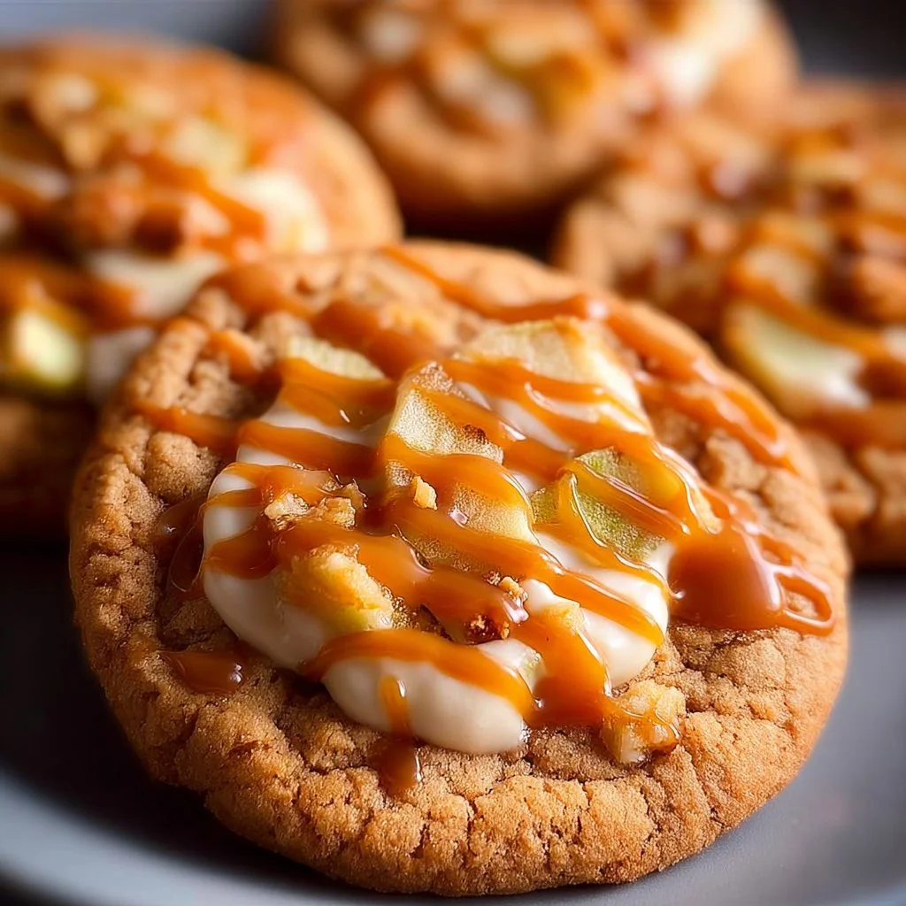 Copycat Crumbl caramel apple cookies with fall spices and caramel drizzle.