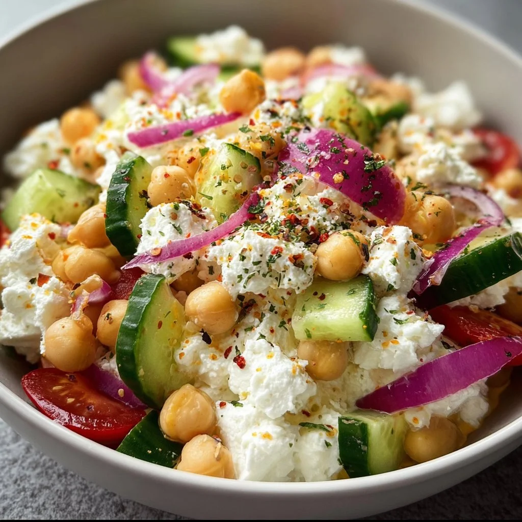 Cottage Cheese Chickpea Salad Bowl with fresh vegetables and herbs