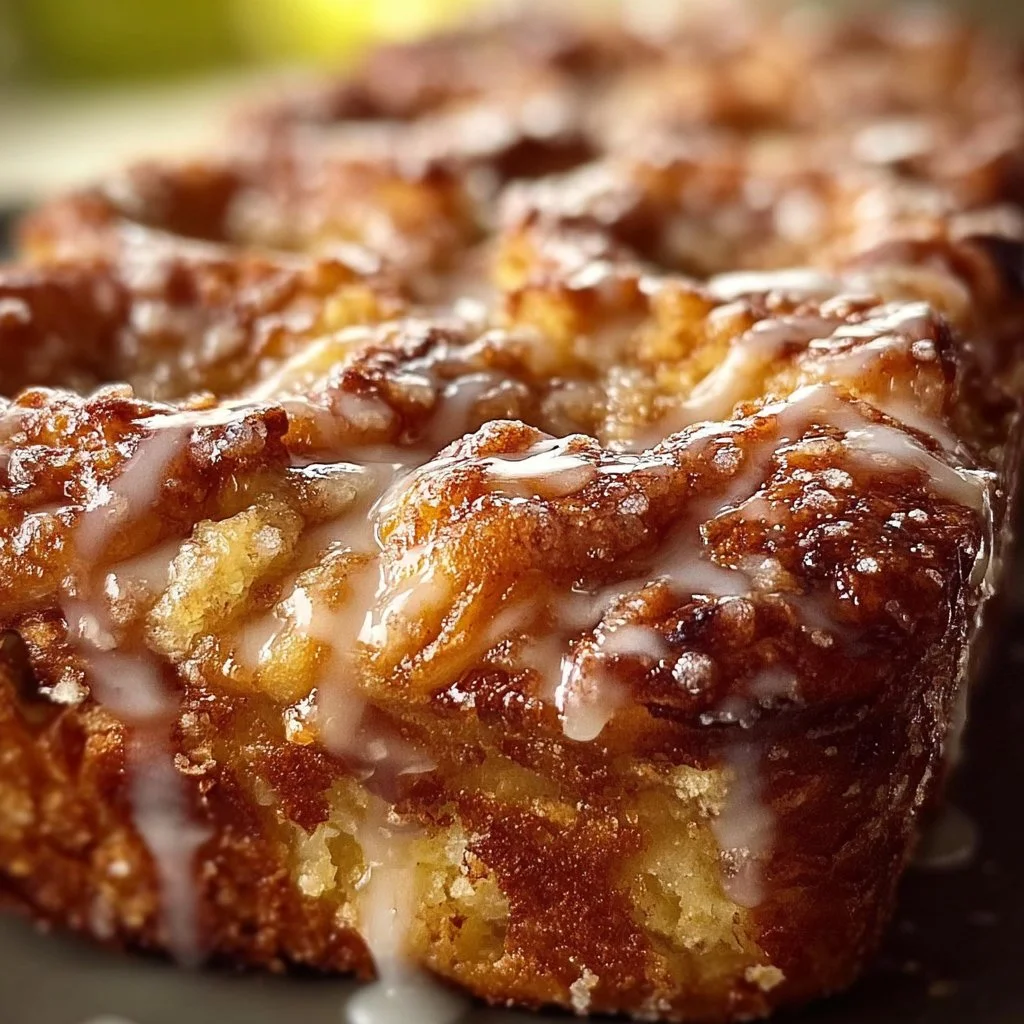 Loaf of homemade Country Apple Fritter Bread with glaze on a wooden table