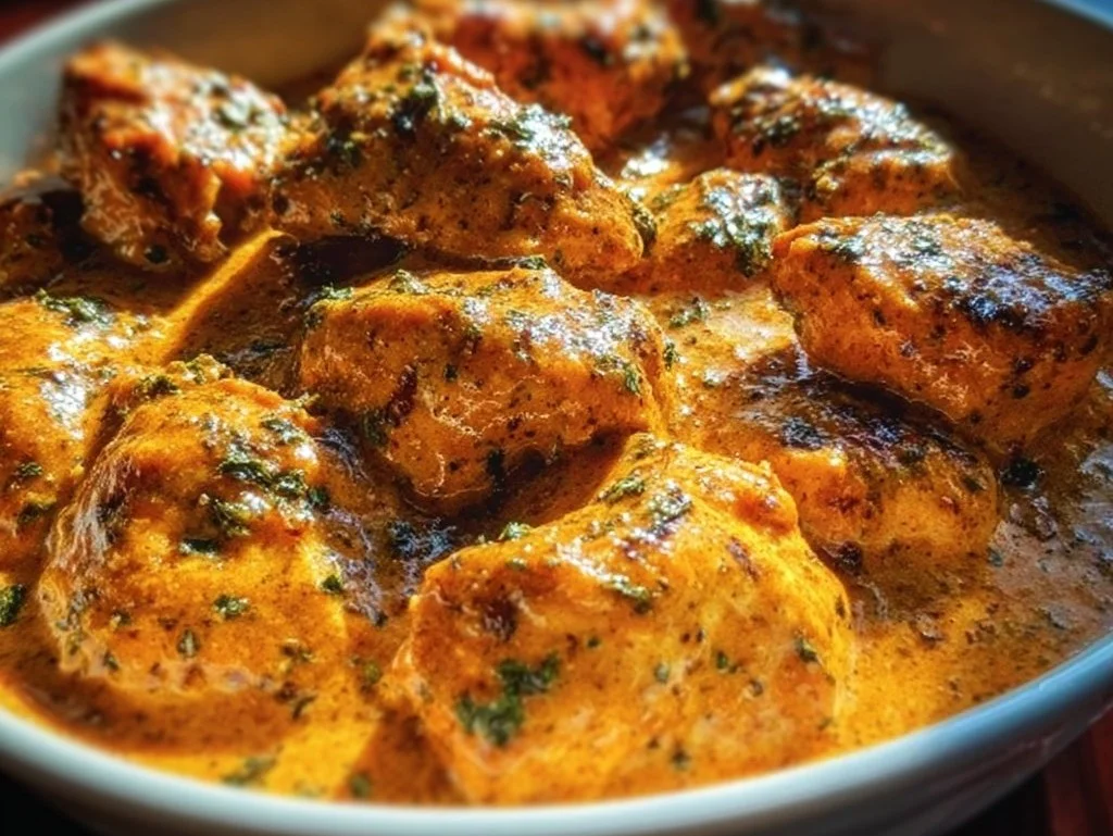 A plate of Cowboy Butter Chicken garnished with fresh herbs and spices.