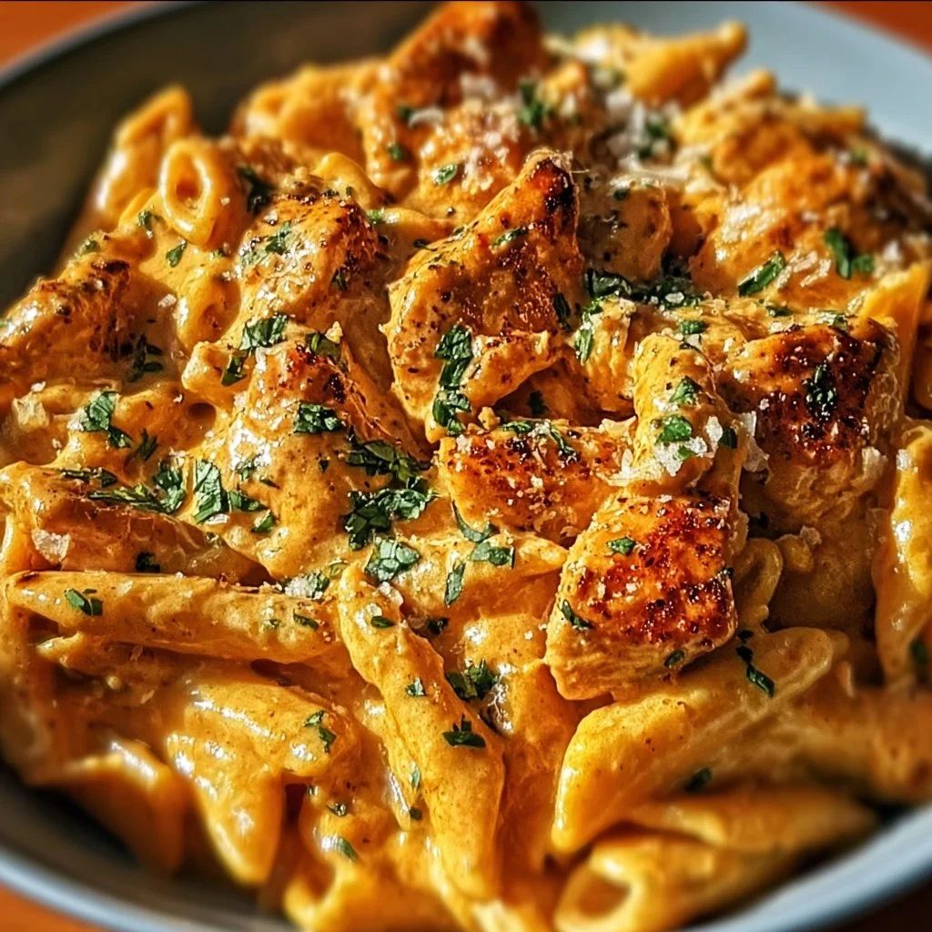 Plate of Cowboy Butter Chicken Pasta with vibrant sauce and herbs.