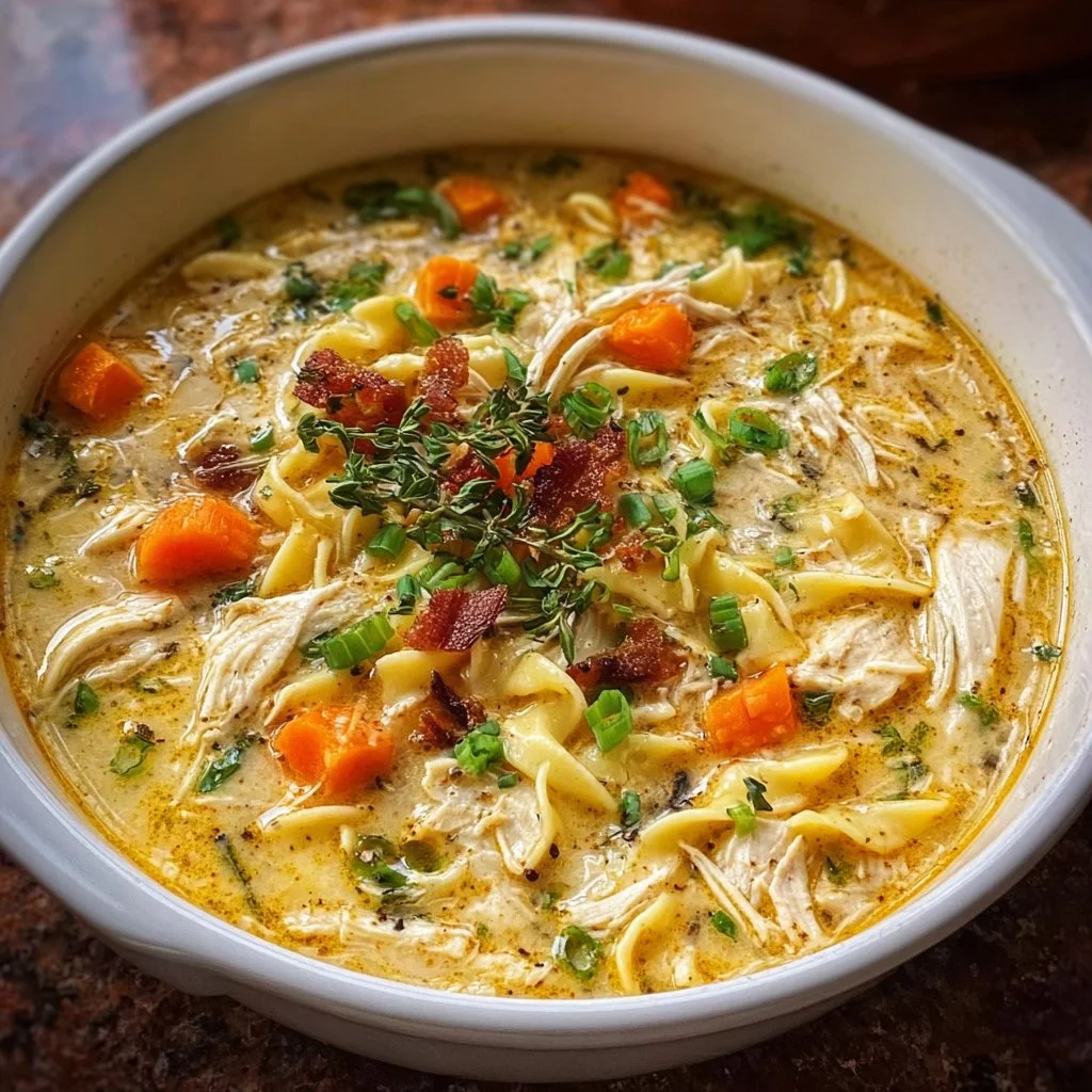 Bowl of creamy Crack Chicken Noodle Soup garnished with herbs