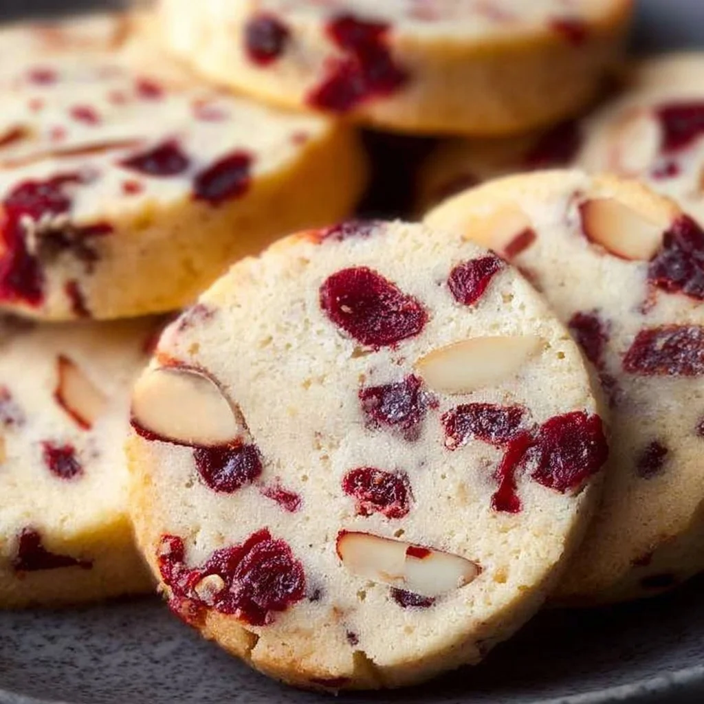 Cranberry almond shortbread cookies on a white plate