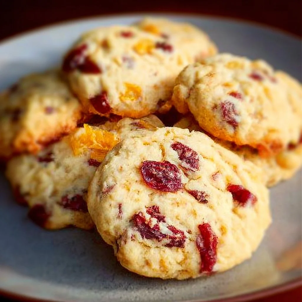 Freshly baked cranberry orange cookies on a cooling rack