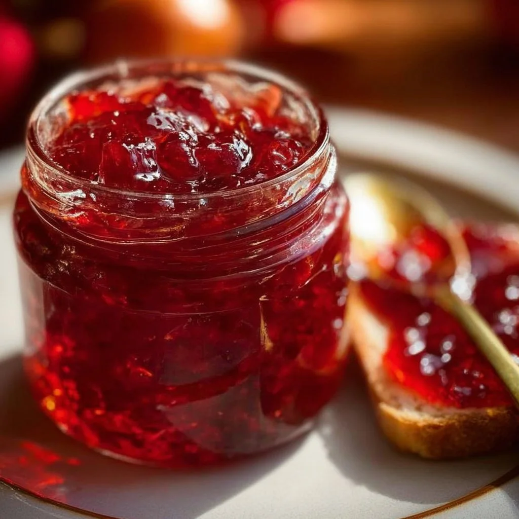 Jar of homemade Cranberry Orange Marmalade with fresh cranberries and oranges