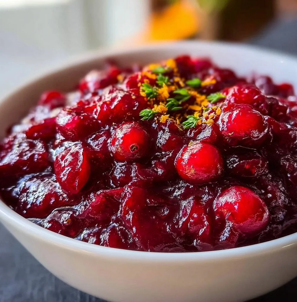 Homemade cranberry orange sauce in a bowl with fresh cranberries and oranges.