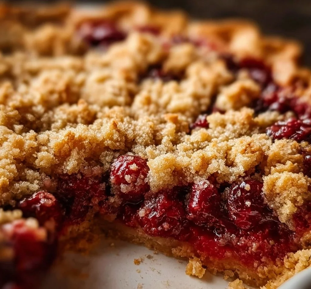 Cranberry pie topped with streusel, ready to be served