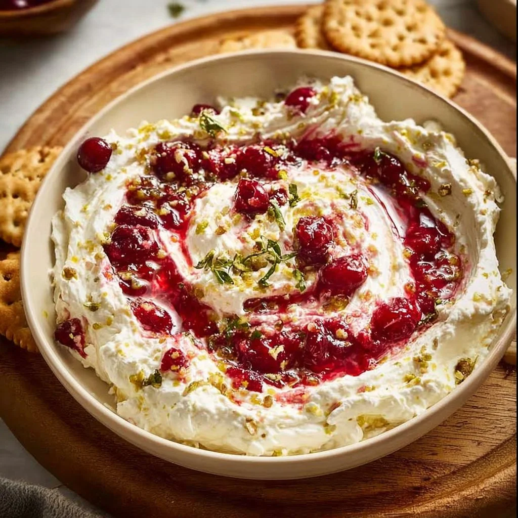 Bowl of cranberry whipped feta dip topped with fresh cranberries and herbs