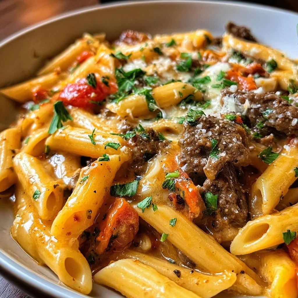 Creamy beef pasta dish served in a bowl, garnished with parsley.