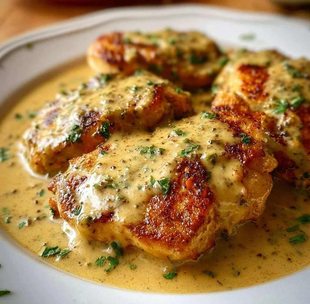 Creamy Dijon Mustard Chicken served on a plate with herbs