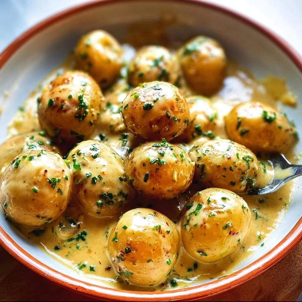 Creamy garlic sauce over baby potatoes, a delicious side dish