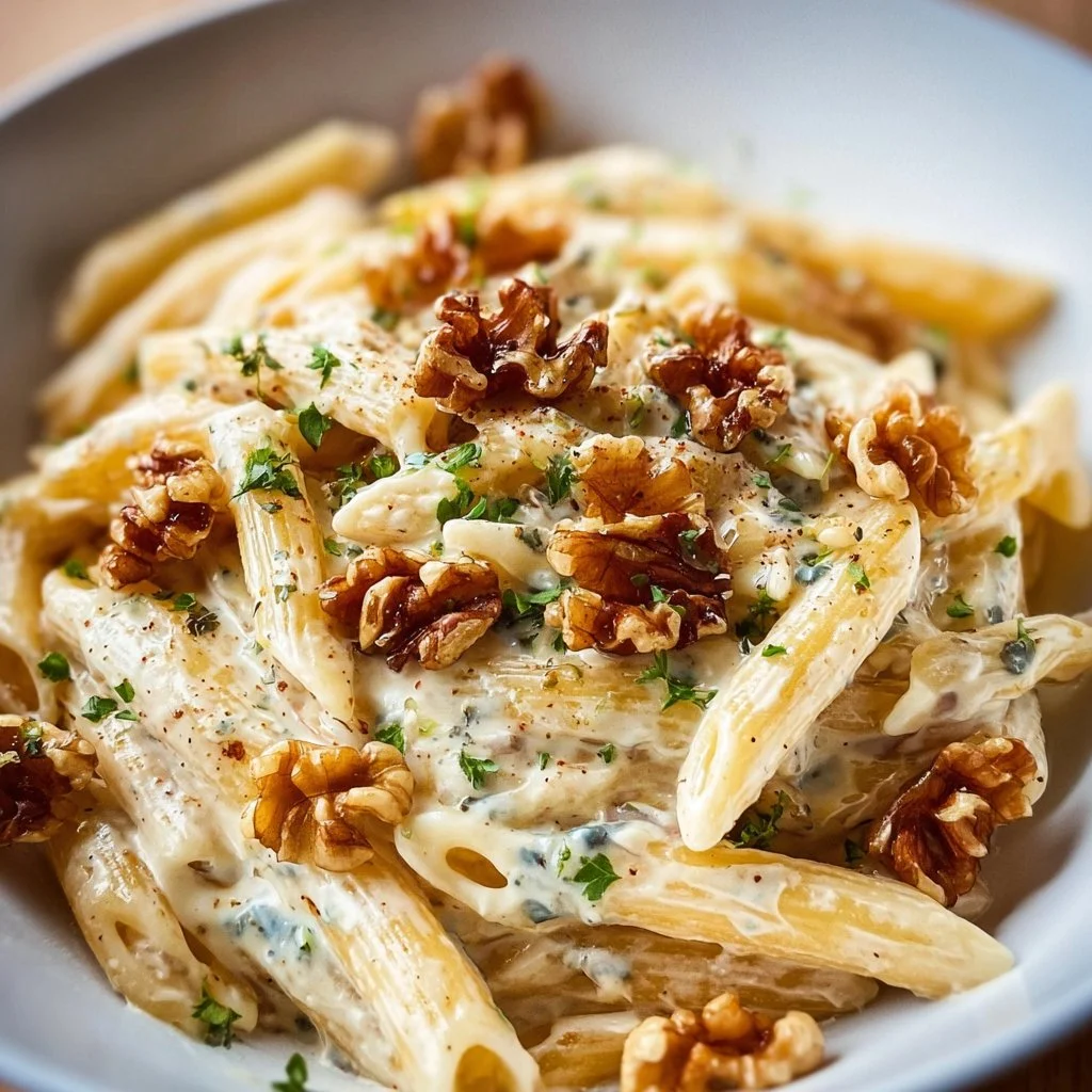 Creamy Gorgonzola and walnut pasta dish served in a bowl
