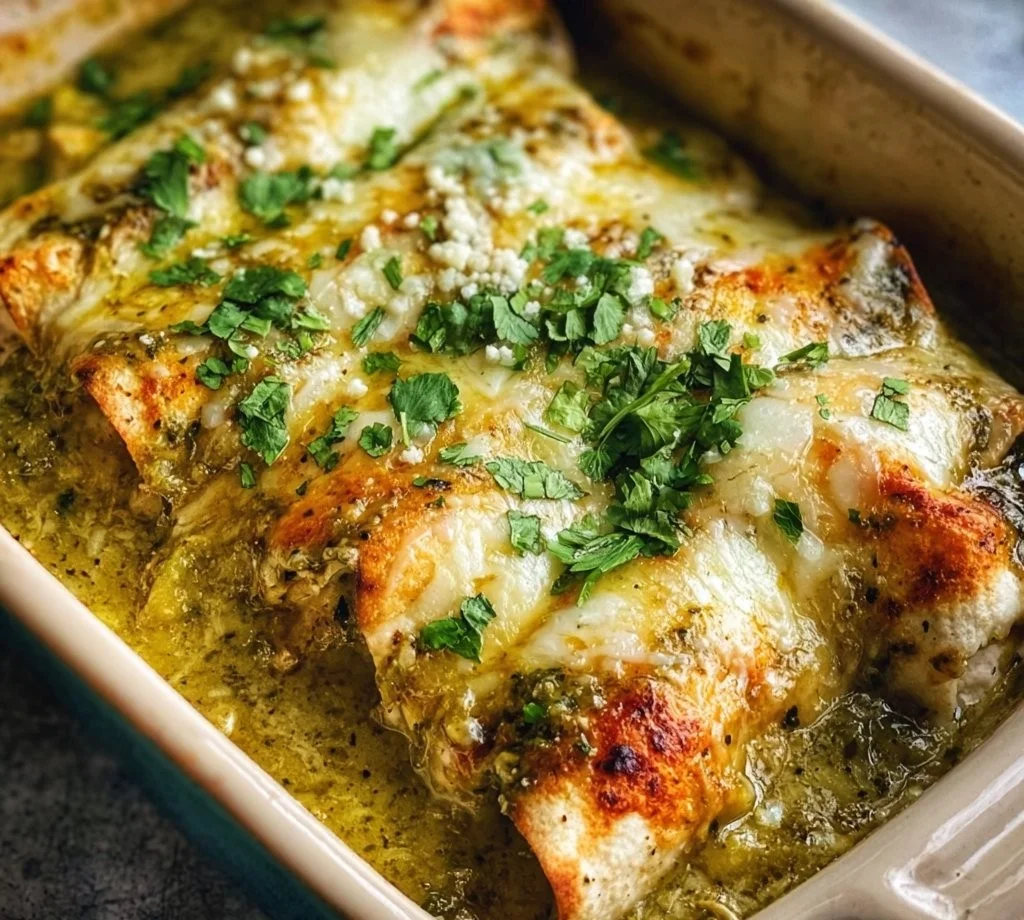 Creamy green chile chicken enchiladas topped with cheese and green sauce
