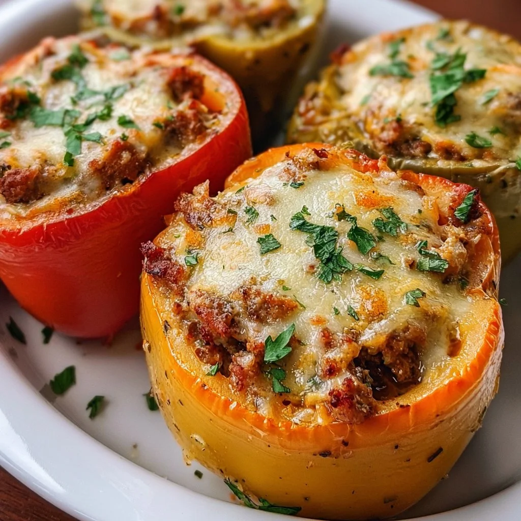 Creamy keto low carb stuffed bell peppers on a plate garnished with herbs