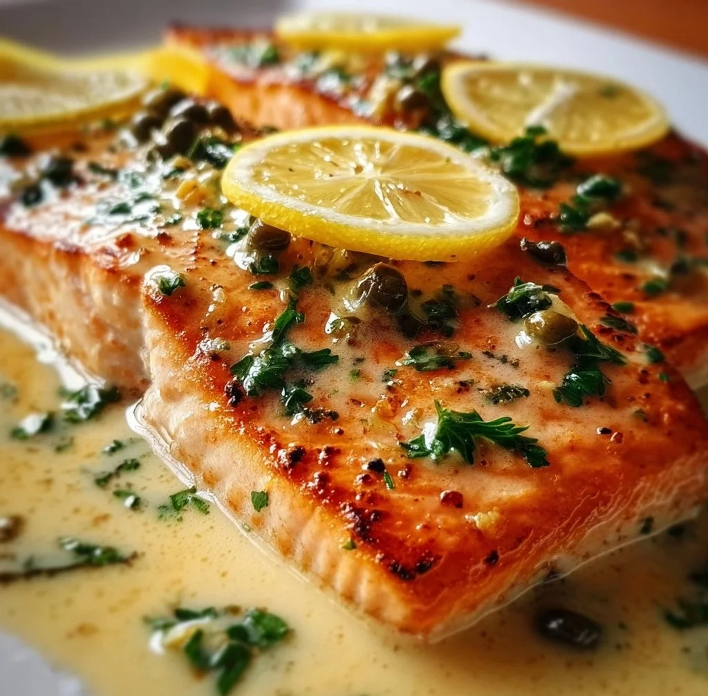 Creamy Lemon Garlic Salmon Piccata served with lemon slices and herbs