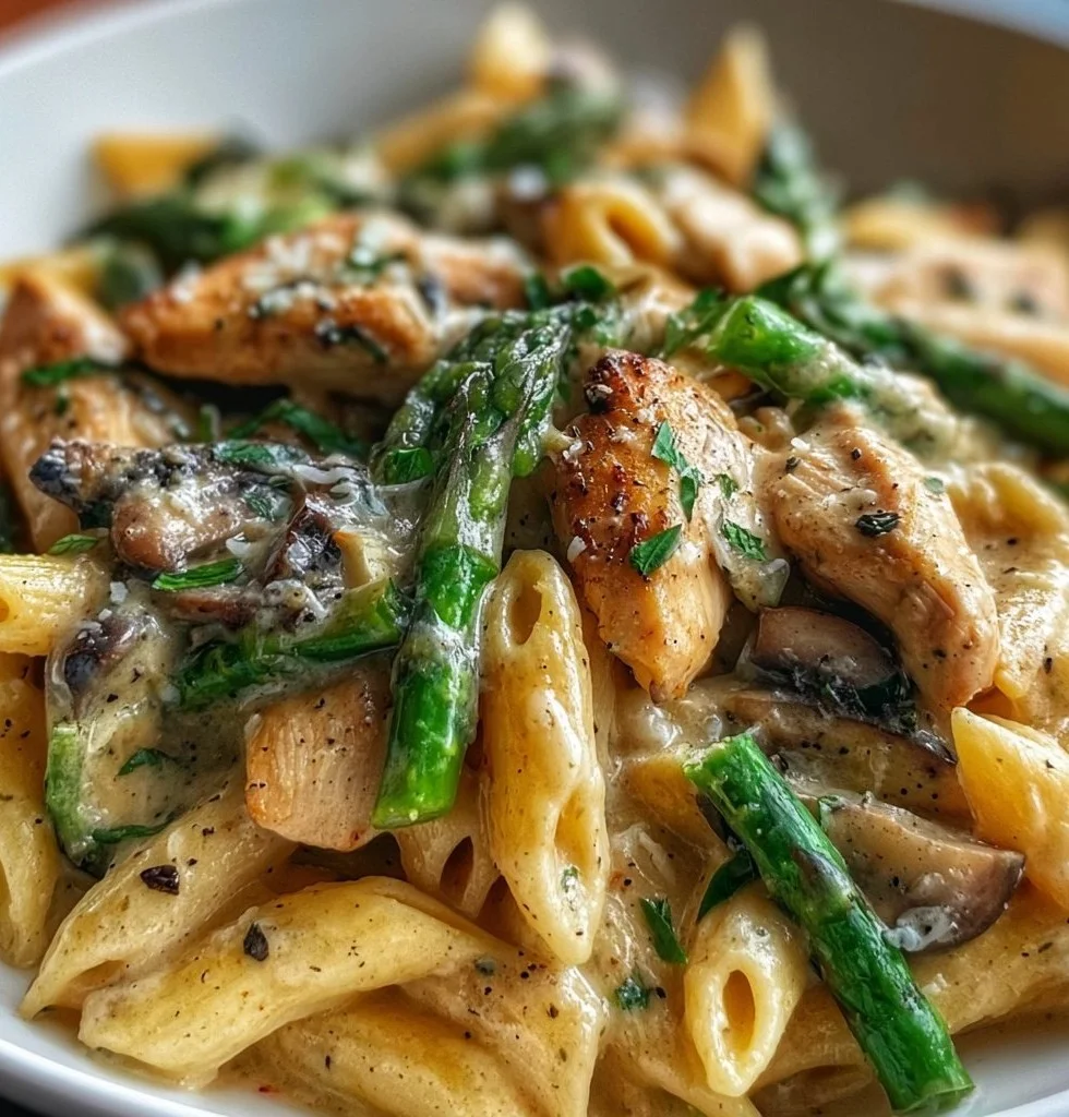 Creamy mushroom chicken with asparagus and penne pasta dish