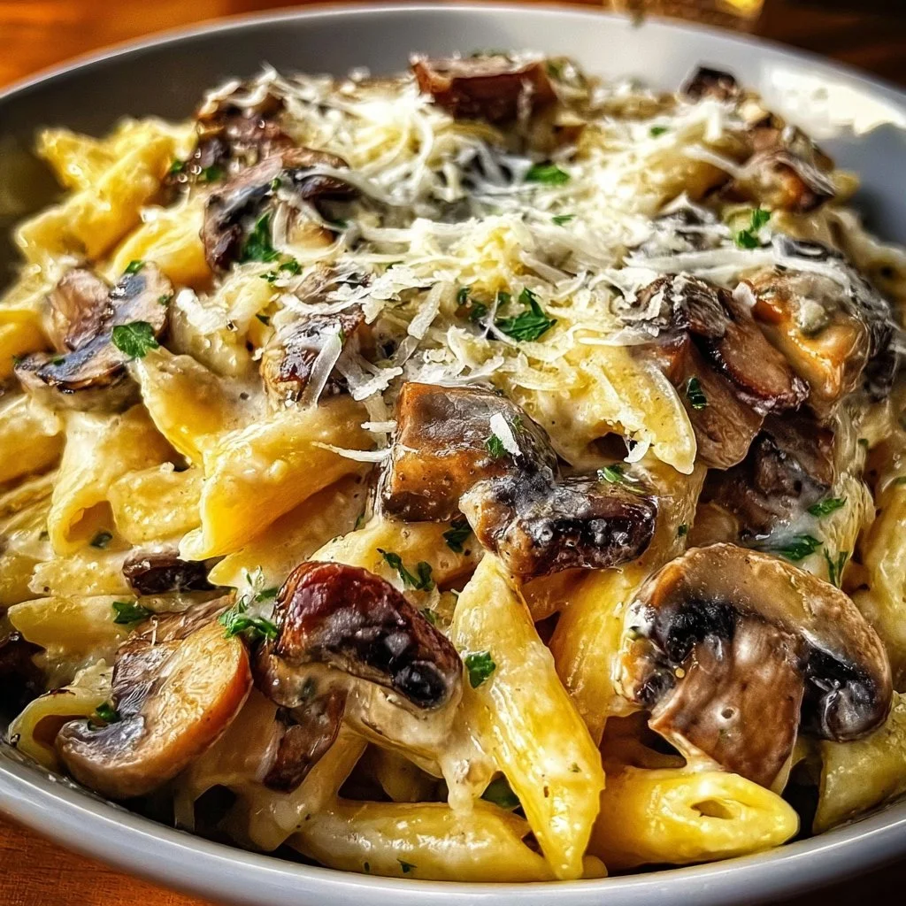 Creamy mushroom gruyere pasta served in a white bowl with herbs