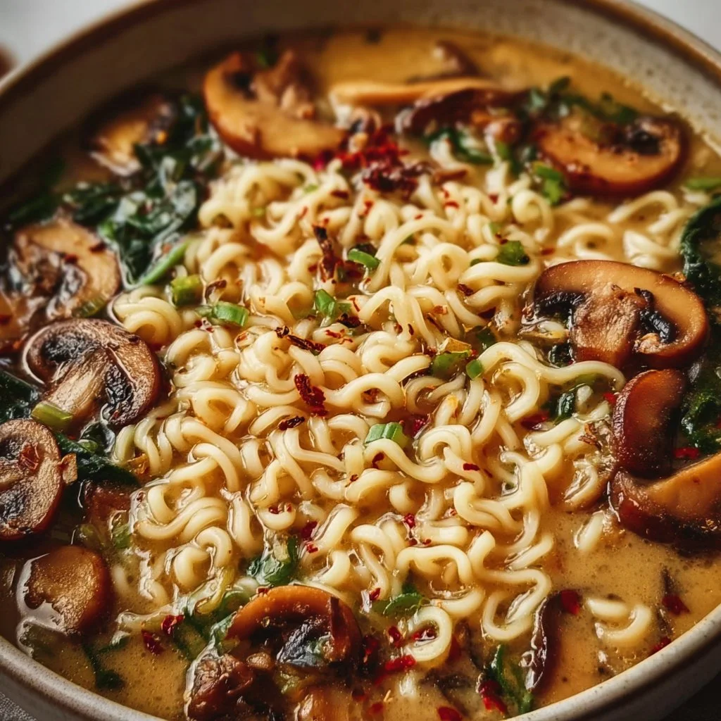 Creamy mushroom vegan ramen bowl with fresh herbs and vegetables