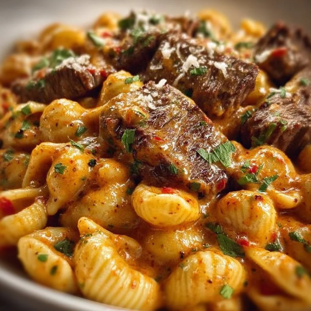 Creamy paprika steak served with shells pasta on a plate.