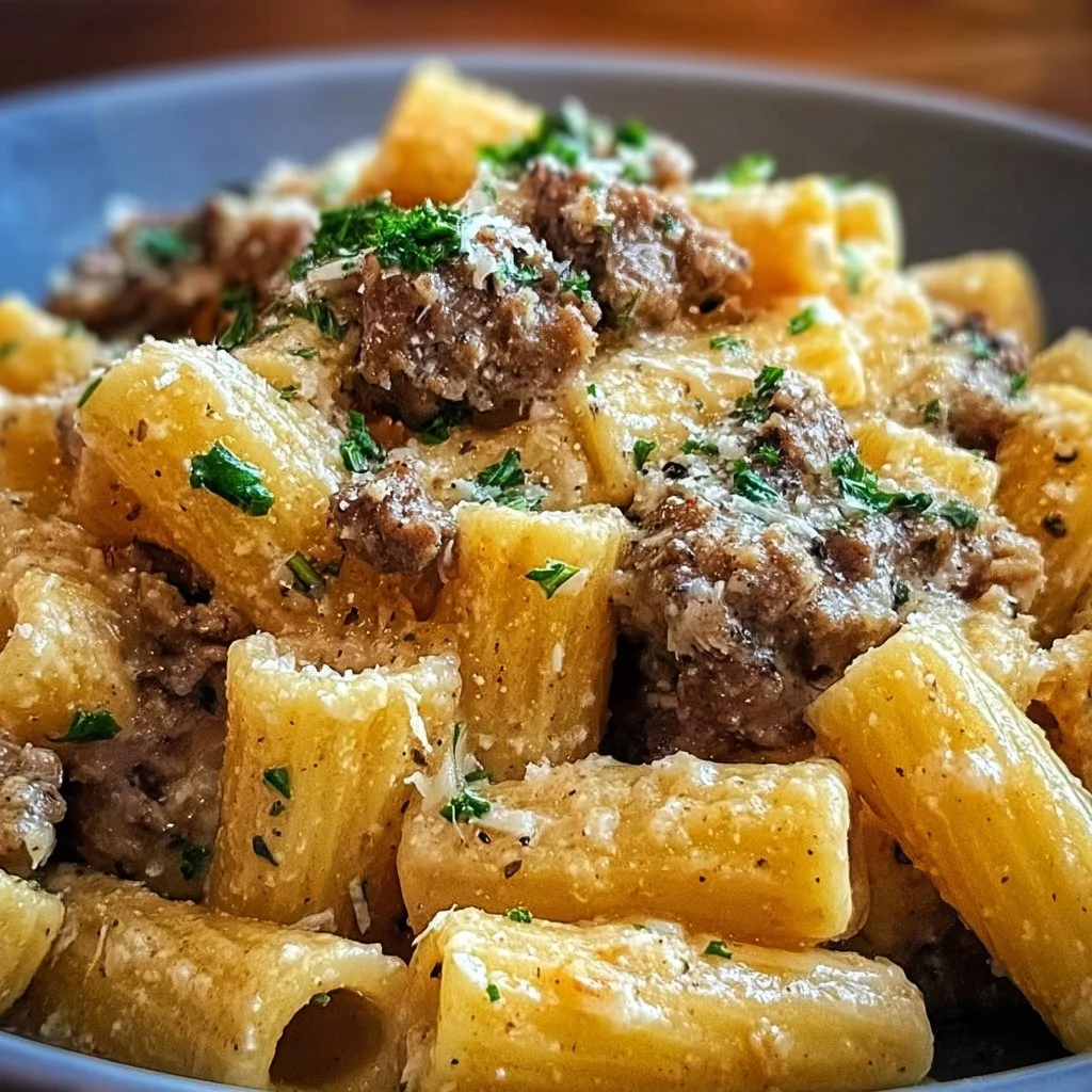 Creamy Parmesan Beef served with Rigatoni Pasta in a delicious dish