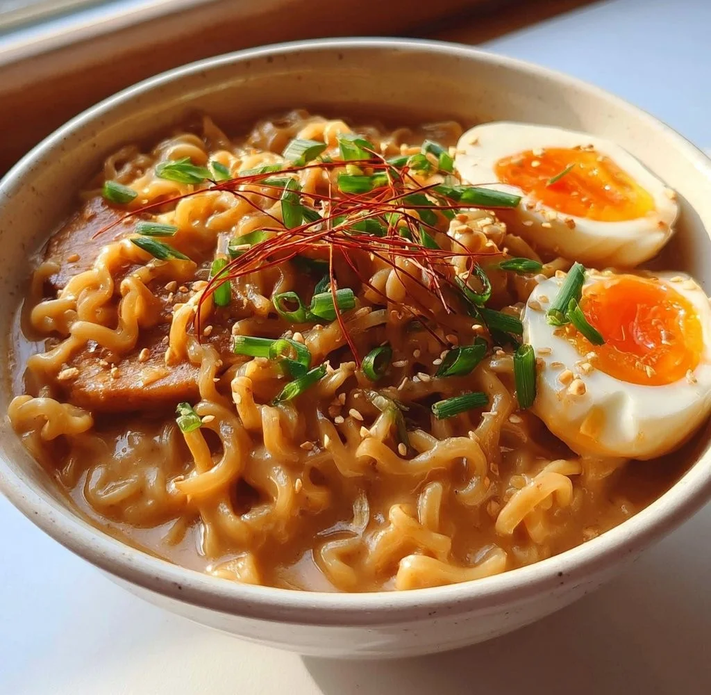 Bowl of creamy peanut butter ramen topped with vegetables and herbs