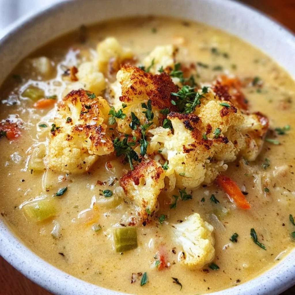 Bowl of creamy roasted cauliflower chowder topped with herbs