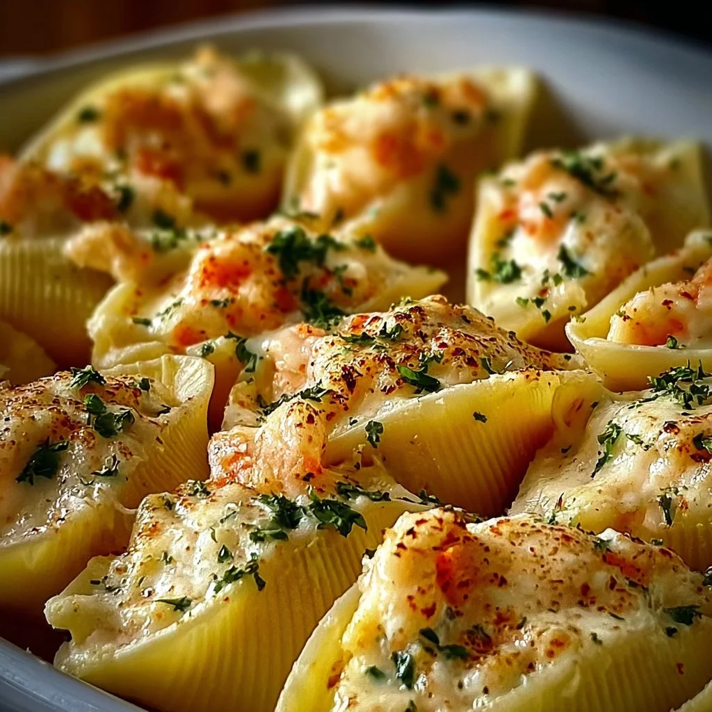 Plate of creamy seafood stuffed shells garnished with herbs