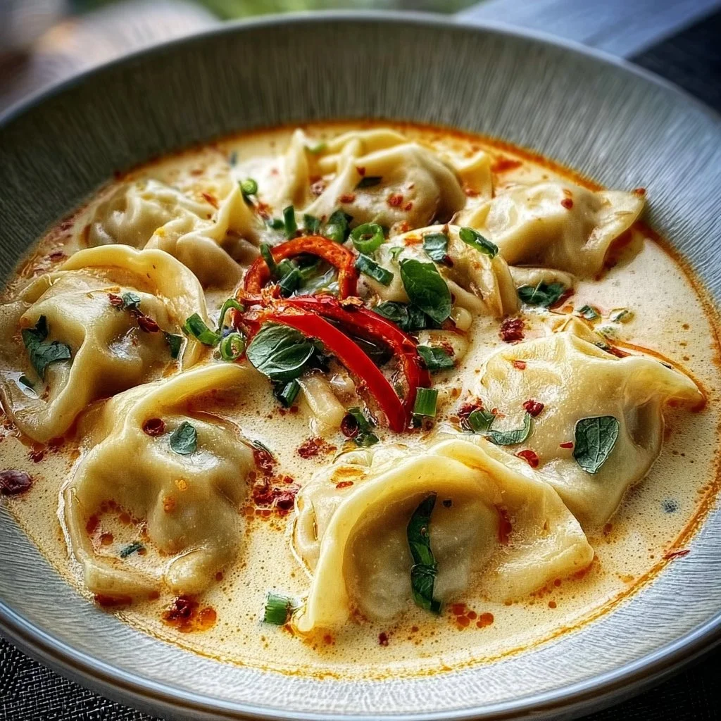 Creamy Thai dumpling soup served in a bowl with herbs and spices.