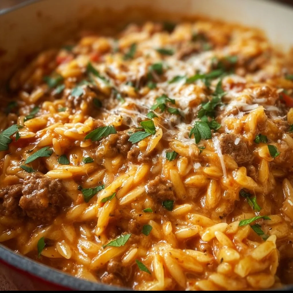 Creamy Tomato Orzo with ground beef served in a bowl