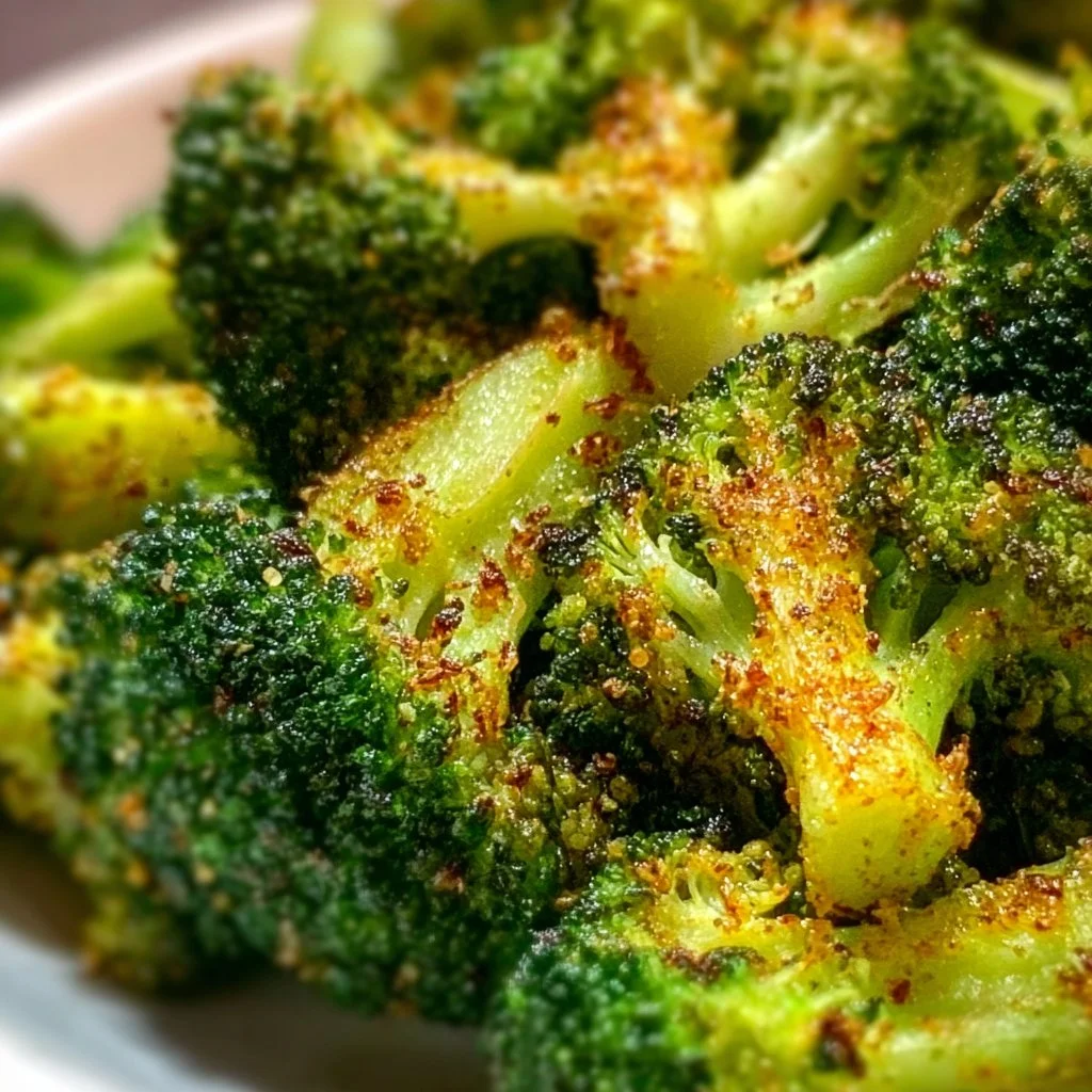 Crispy air fryer broccoli garnished and ready to serve