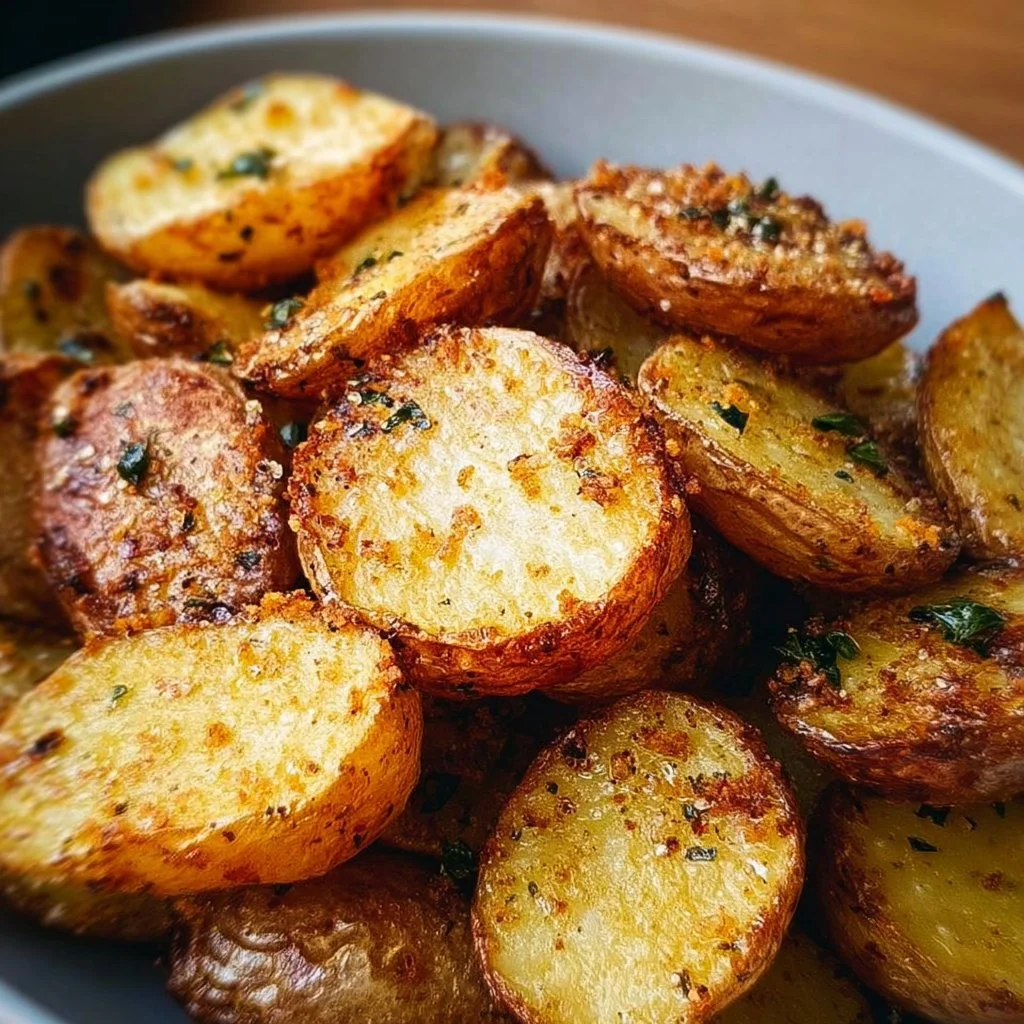 Crispy air fryer potatoes served in a bowl with herbs and seasoning.