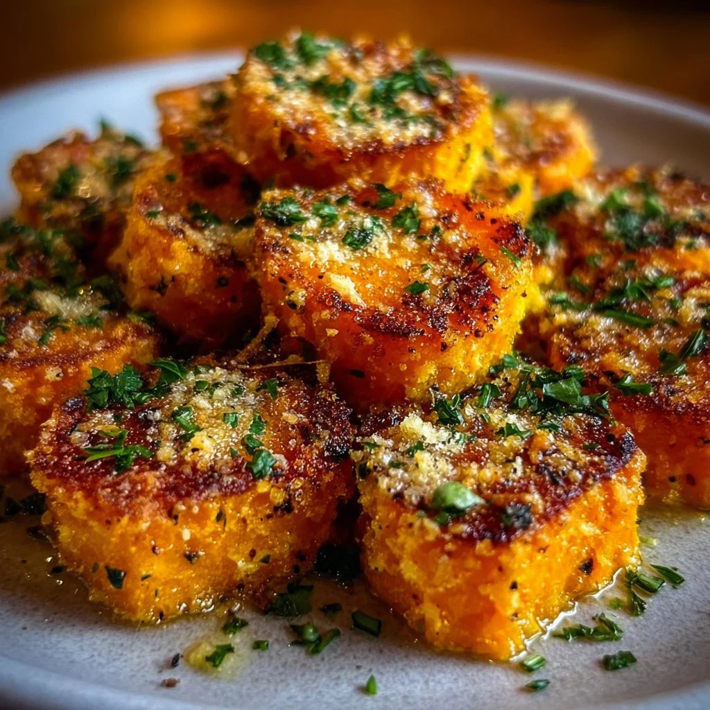 Crispy baked sweet potato bites topped with Parmesan herb butter on a plate.