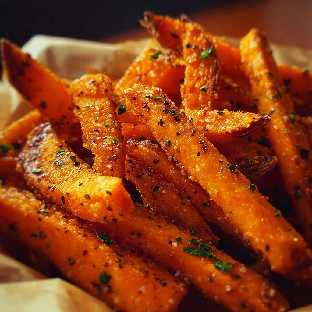 Crispy baked sweet potato fries on a plate, garnished with herbs.