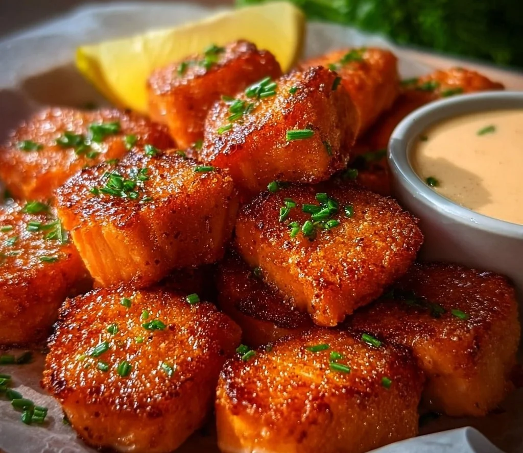 Crispy Bang Bang Salmon Bites served on a plate with dipping sauce