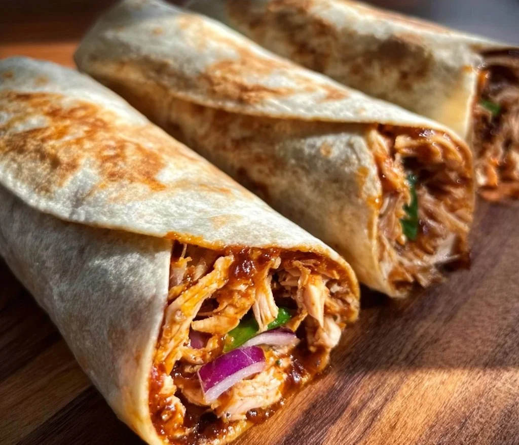 Delicious crispy BBQ chicken wraps served on a plate with fresh ingredients