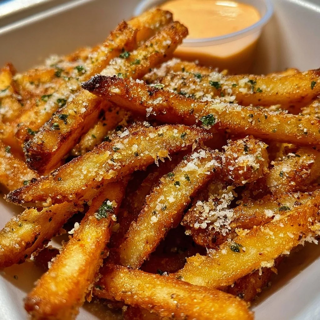 Plate of Crispy Garlic Parmesan Fries garnished with herbs and spices.