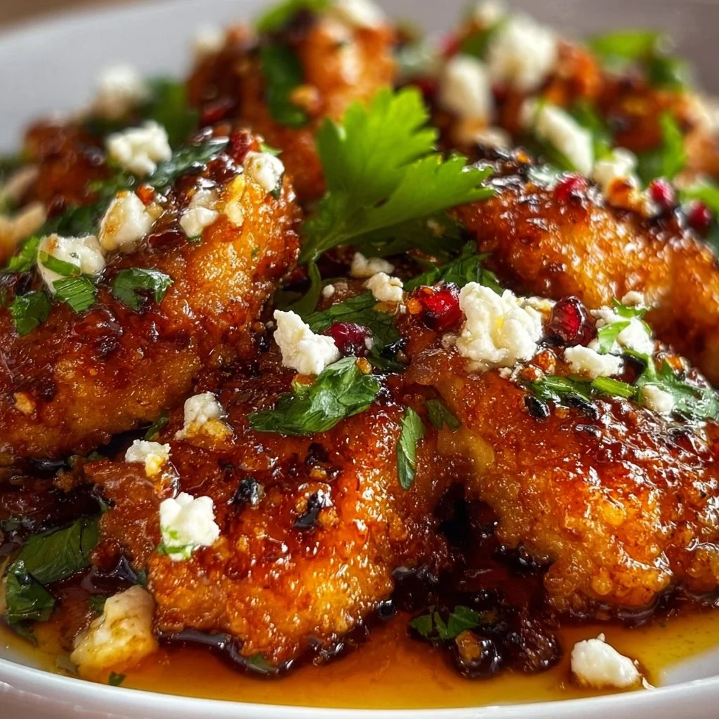 Crispy hot honey feta chicken garnished with herbs on a serving plate.