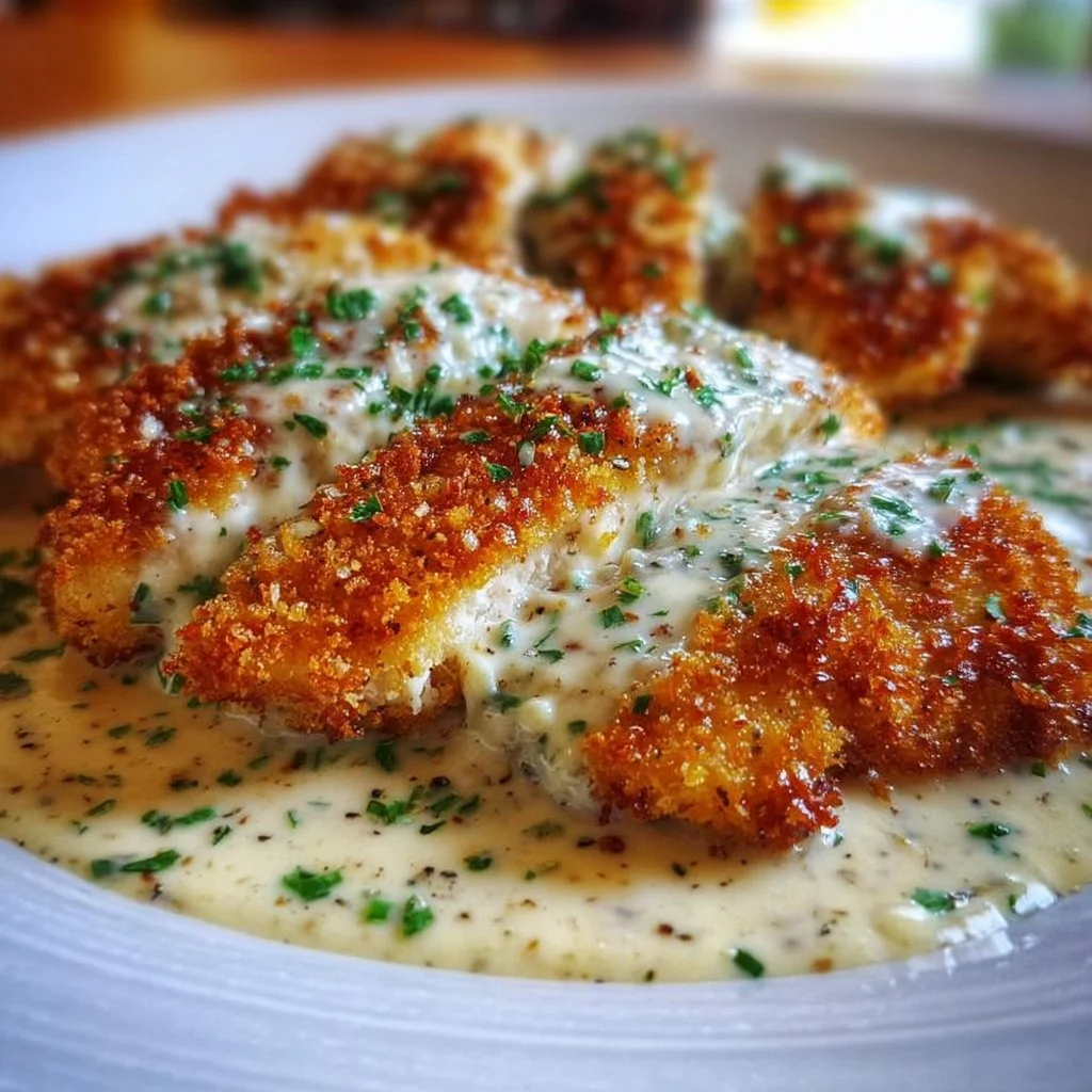 Plate of crispy Parmesan chicken served with garlic cream sauce
