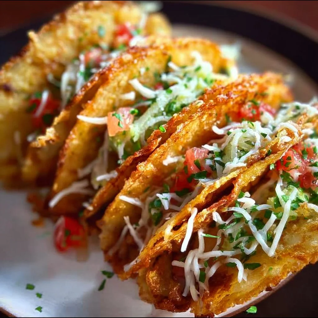 Crispy potato tacos topped with fresh ingredients and served on a plate