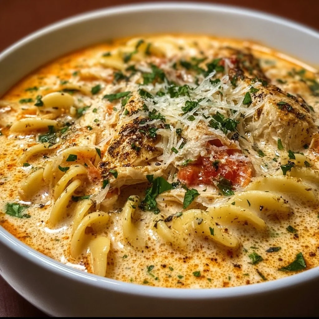 Delicious bowl of Crock Pot Creamy Chicken Parmesan Soup topped with parsley.