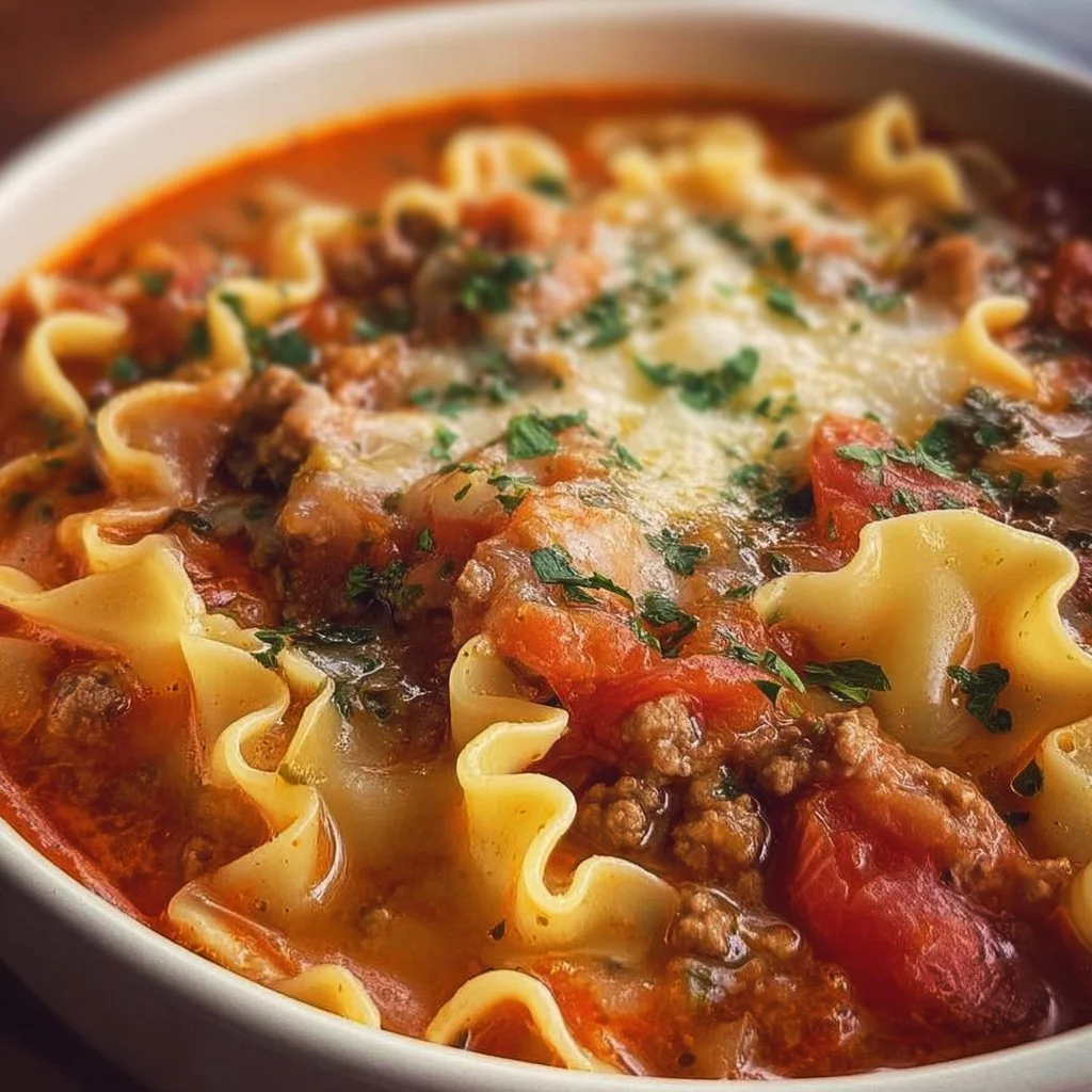 A bowl of hearty Crock Pot Lasagna Soup garnished with fresh basil and cheese