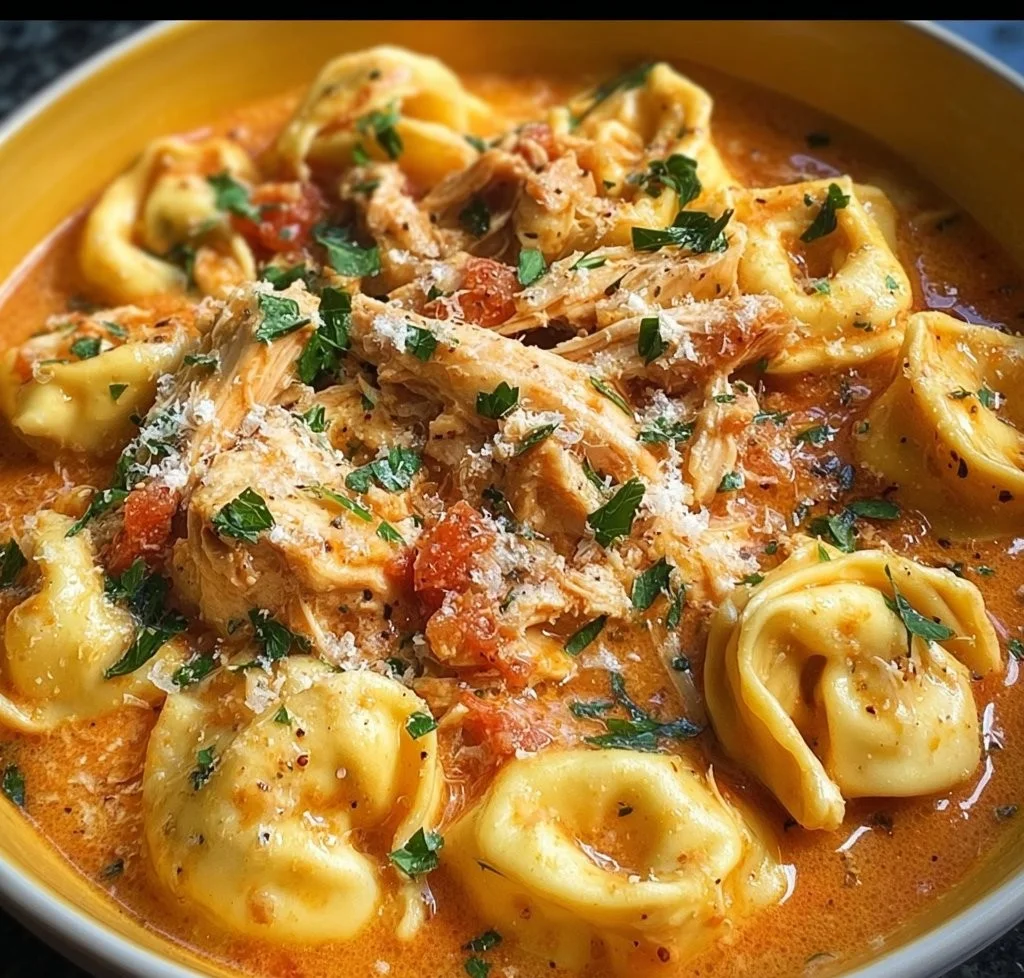 CrockPot Chicken Tortellini dish served in a bowl with fresh herbs