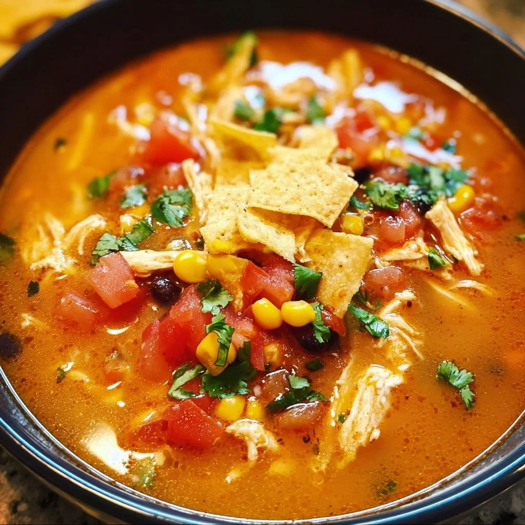 Delicious bowl of Crockpot Chicken Tortilla Soup garnished with tortilla strips