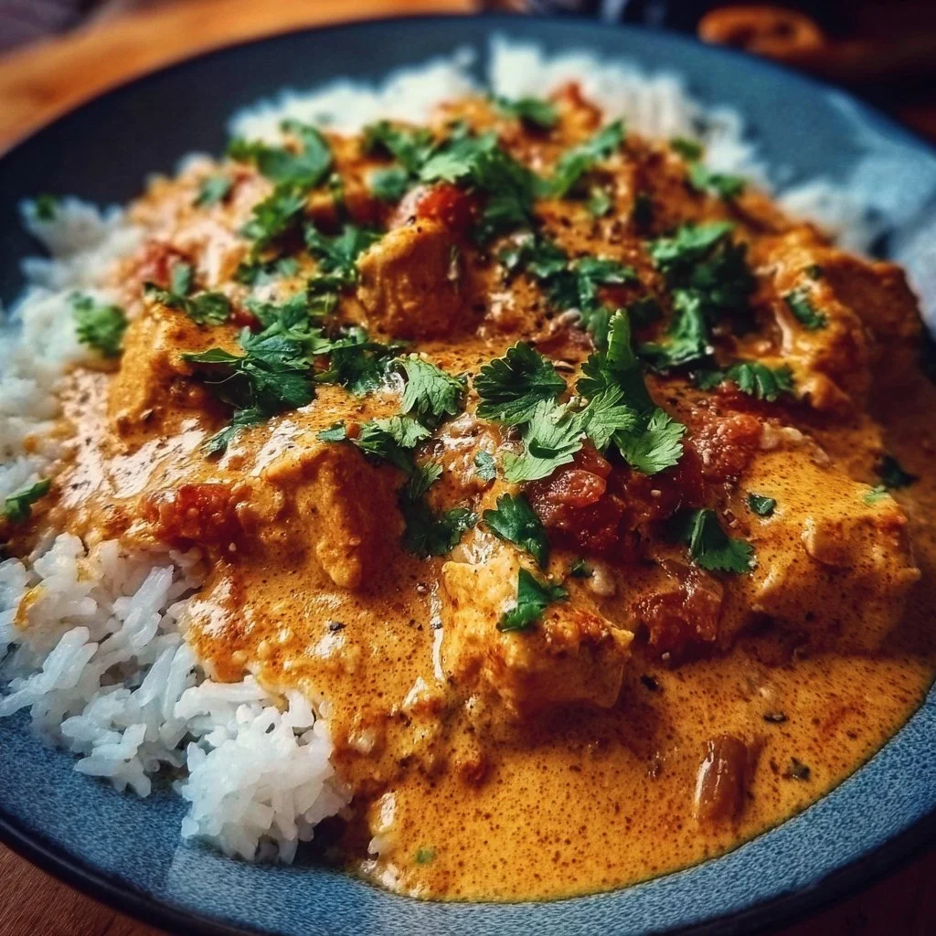 Crockpot creamy coconut chicken tikka masala served in a bowl with herbs
