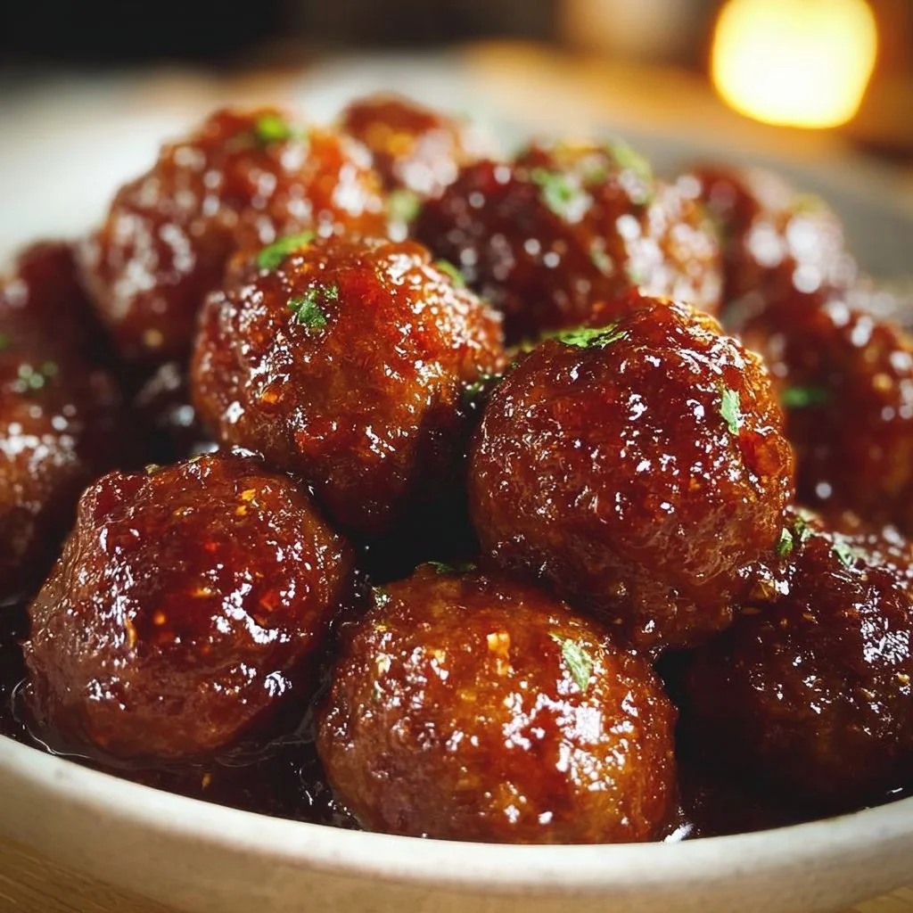 Crockpot grape jelly chili sauce meatballs served in a dish