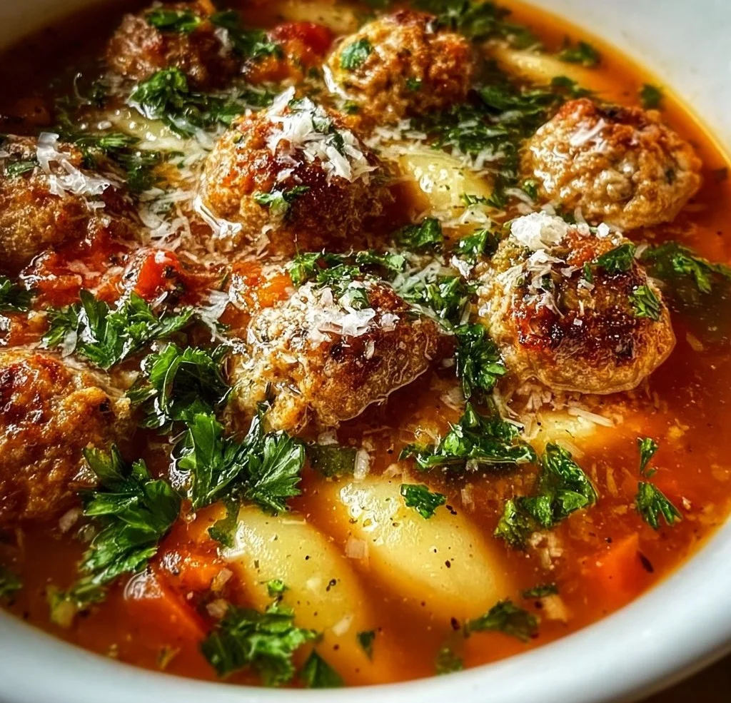 Crockpot Italian Meatball Soup served in a bowl with fresh herbs