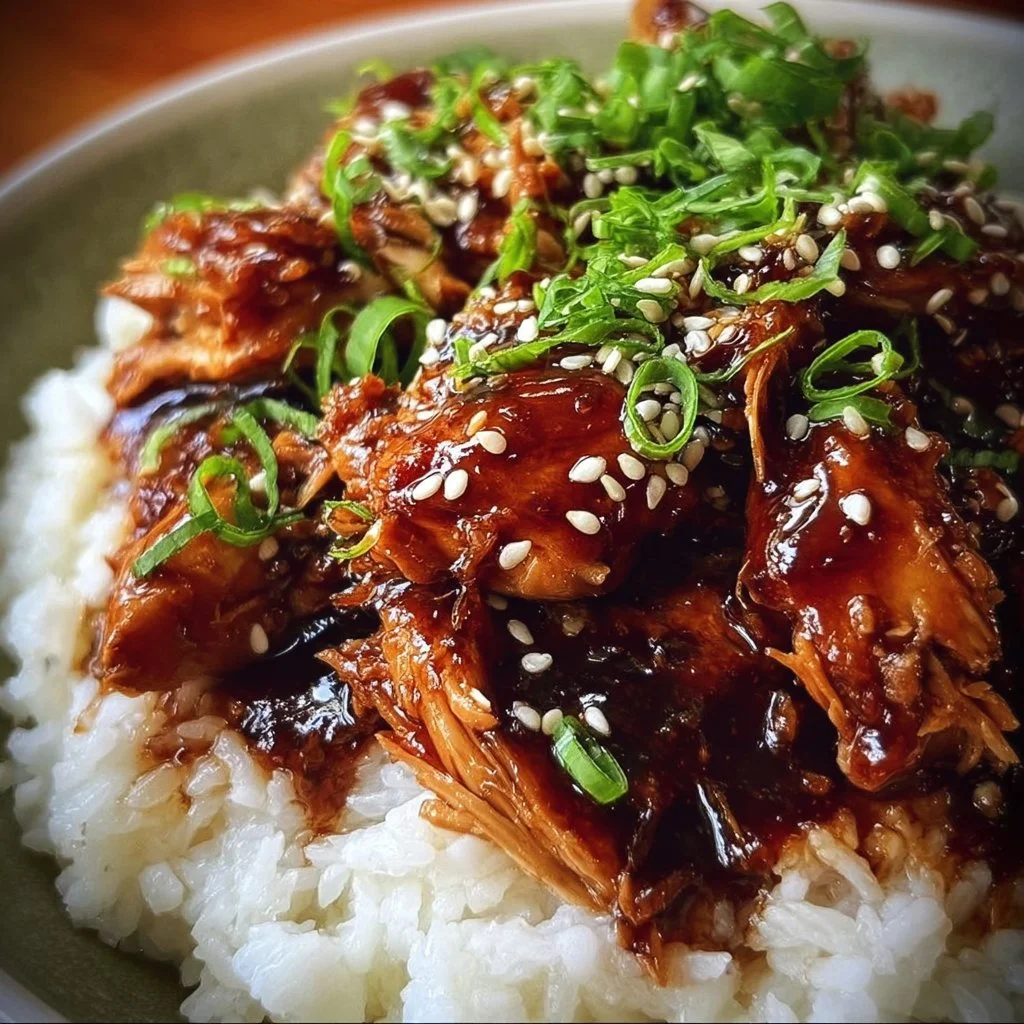 Crockpot Teriyaki Chicken served with rice and vegetables
