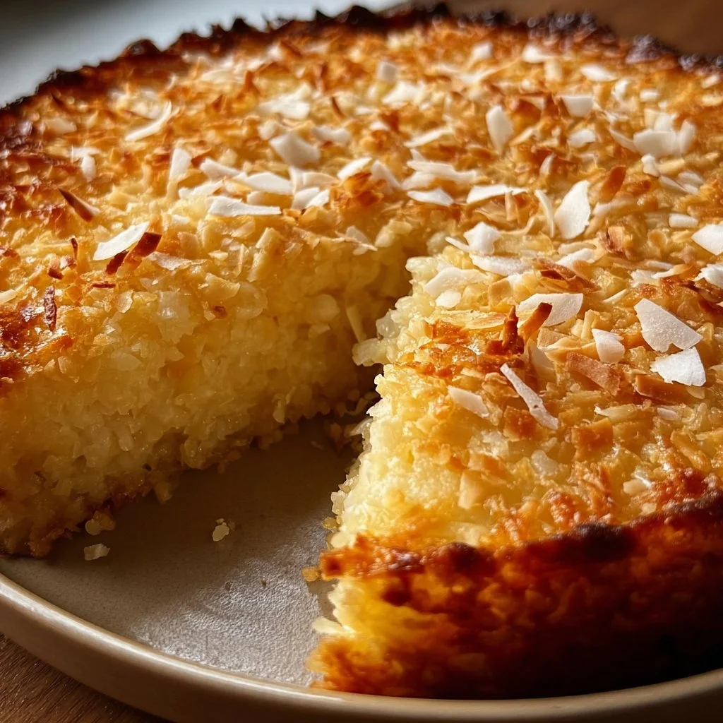 Crustless coconut pie topped with whipped cream and toasted coconut flakes